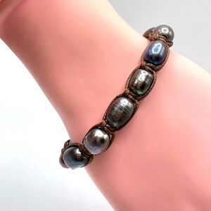 Black Peacock Peal Brown Cord Statement Bracelet 6.5" Freshwater Boho Beautiful